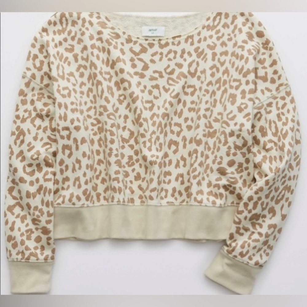 Aerie Leopard Cropped Oversized Pullover Raw Edge Neckline M